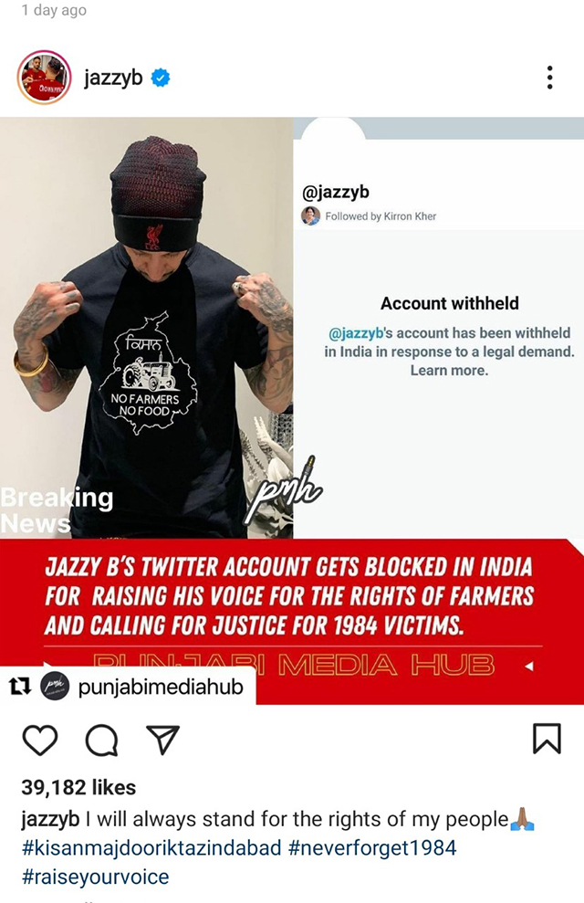 Singer Jazzy B and three others blocked from Indian Twitter on govt orders